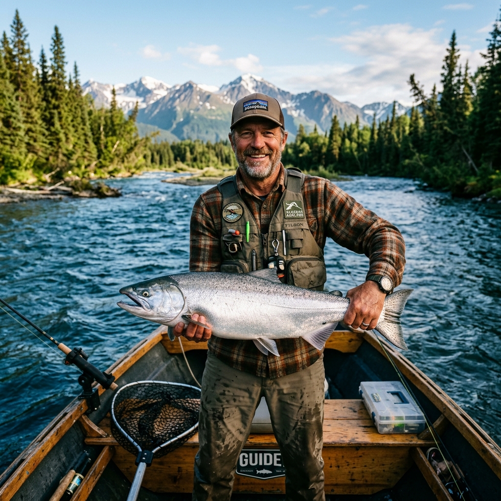Fisherman holding a silver salmon on the Kenai River