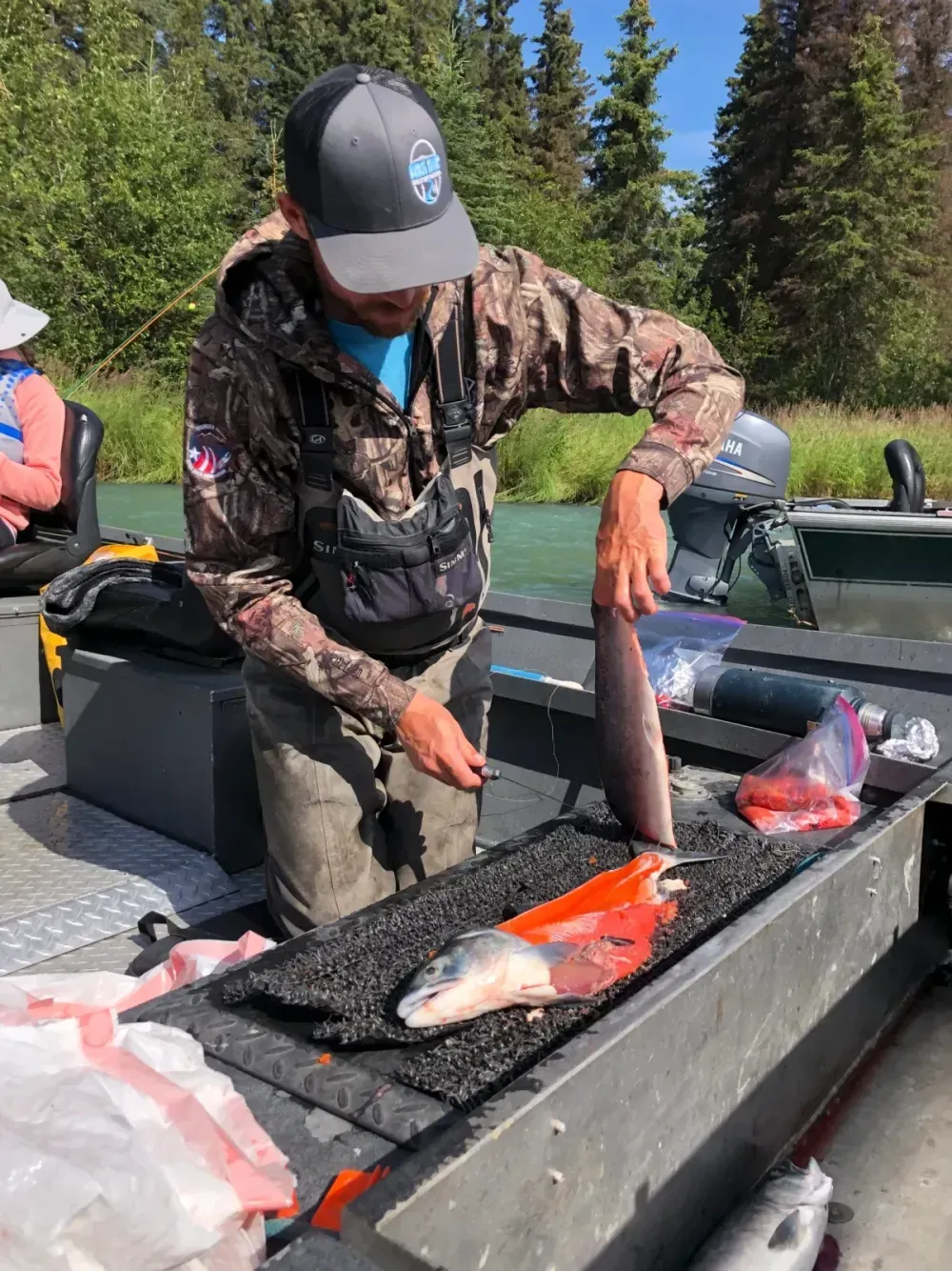 Guide filleting Sockeye Salmon riverside