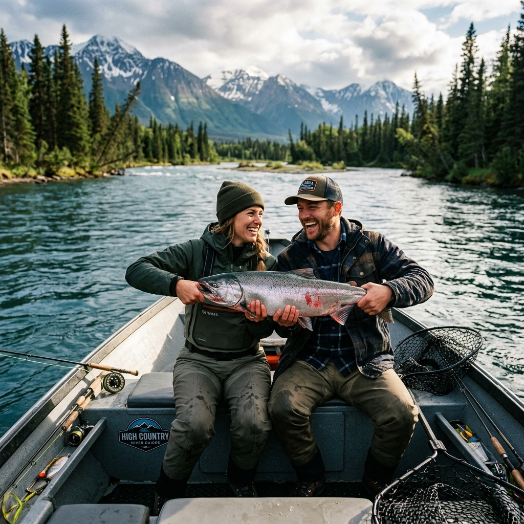 Happy couple holding salmon